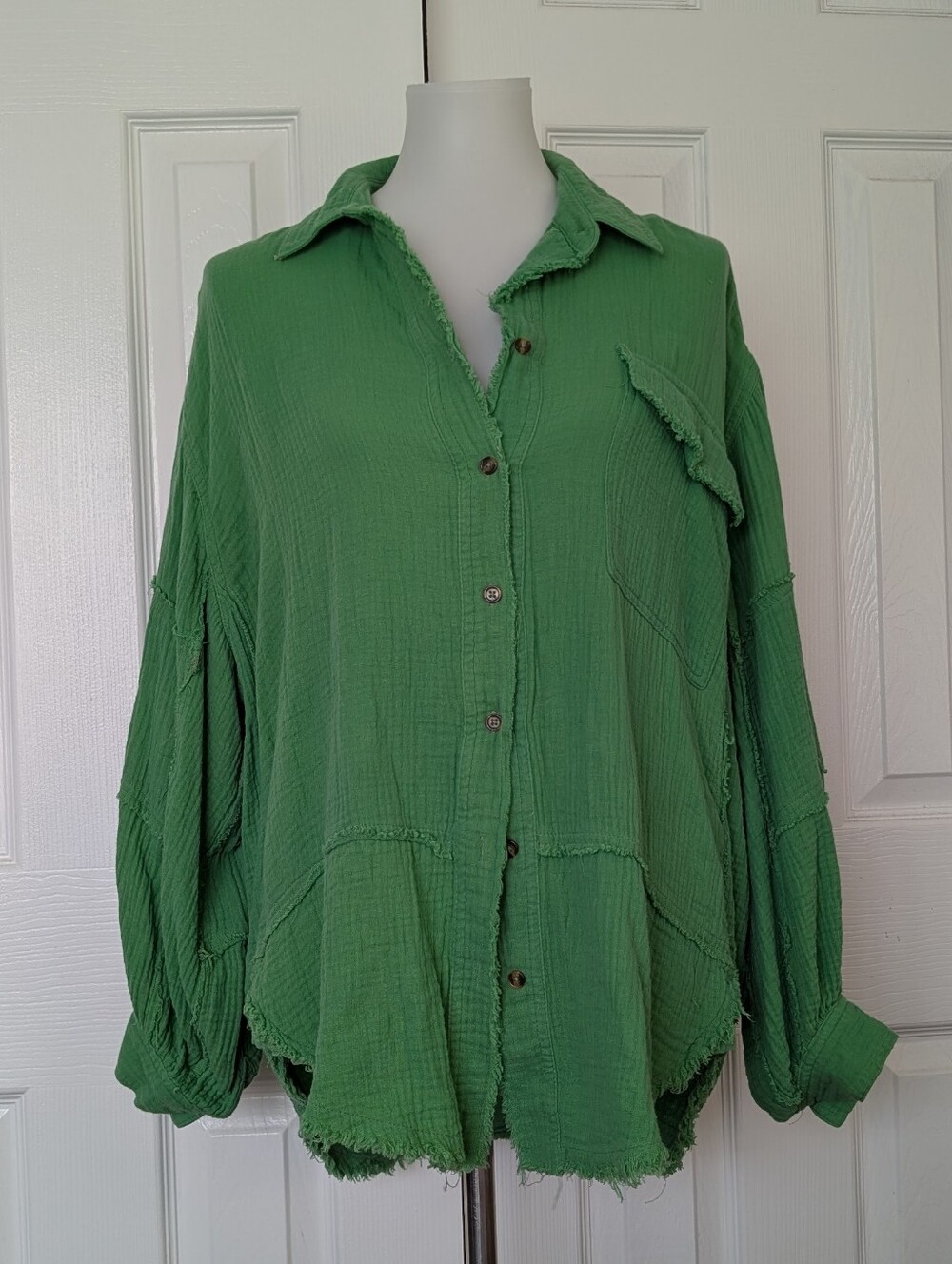 Easel Button-Down Women's Distressed Green Cotton Gauze Shirt - Oversized Fit